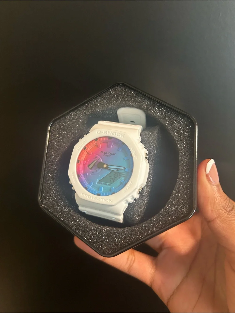 G-Shock White Resin Watch with Gradient Rainbow Dial
